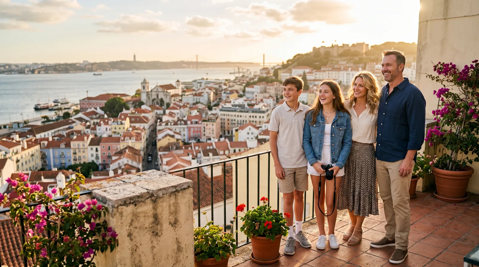 American family enjoying the view of Lisbon's Alfama district at golden hour