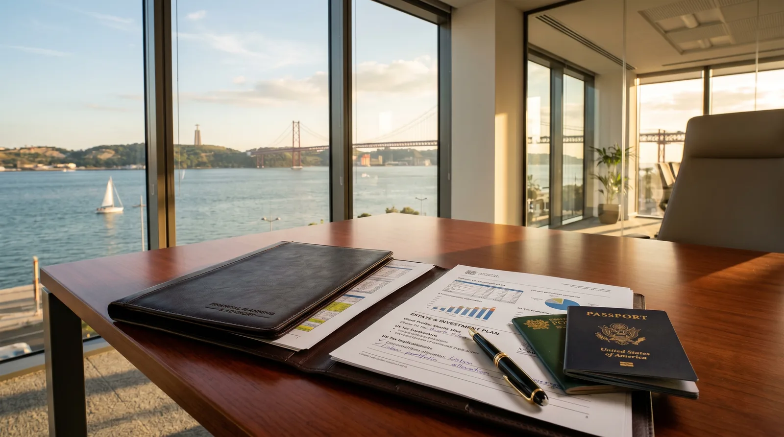 Luxury office overlooking Lisbon and the Tagus River with investment documents and passports
